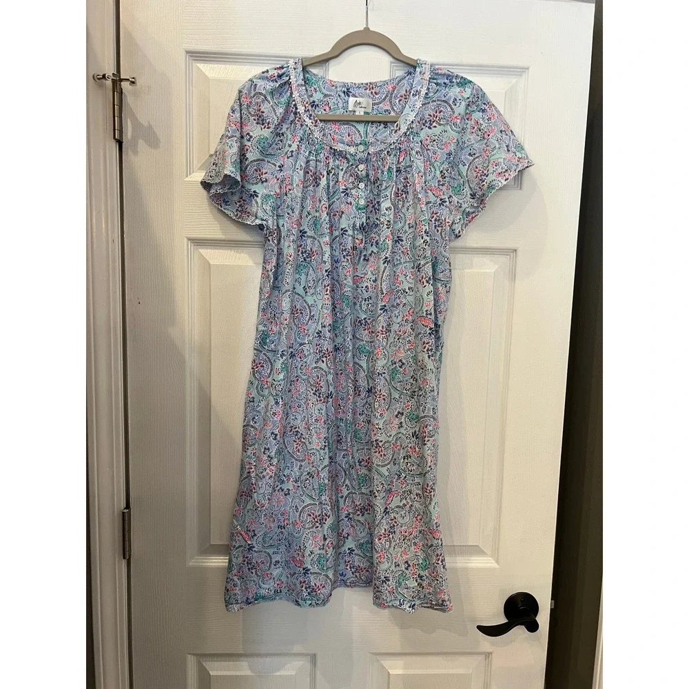 Aria Collection Nightgown 100% Cotton Jersey Paisley Blue Pink Romantic L 12-14 - Picture 1 of 7
